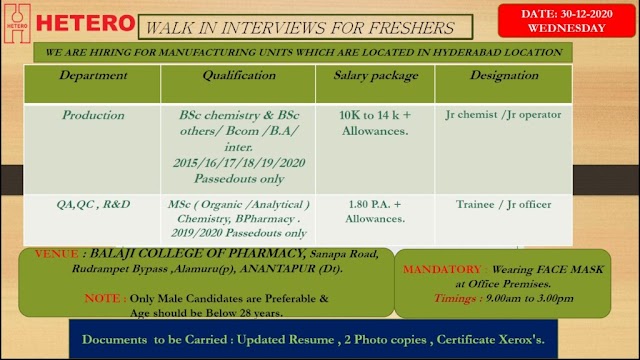 Hetero Labs | Walk-in for Freshers at Anantapur on 30th Dec 2020