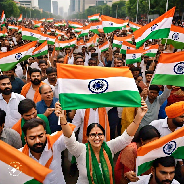 Image of a diverse group of people holding the Indian flag, symbolizing national pride, unity, and solidarity, representing the country's diverse population coming together as one.