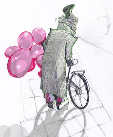 ilustracja dla dzieci ilustratorka Urbaniak wiersze opowiadania z balonami rower dwarf man magic with pink baloons bicycle