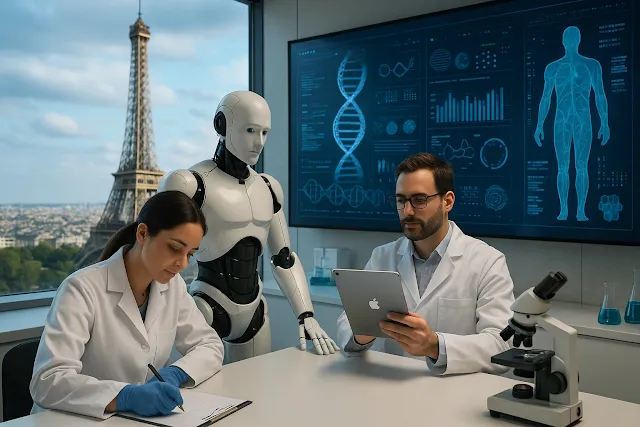 Top tier and very fully equipped laboratory where a scientist seated on a chair writes on a sheet of paper held by a clipboard, with a standing robot featuring flexible fingers beside her, and another scientist seated while analyzing data on a tablet near a microscope. Behind them, a large LED screen displays very detailed information on human DNA, genetics, and physiology, highlighting the great importance of integrating these areas. Below the screen, a few chemical vials filled with light blue liquid rest on a narrow and long laboratory bench positioned against the wall. The laboratory has a spectacular view of Paris, France, with a close-up view of the Eiffel Tower. The team specializes in bioinformatics with the goal of significantly improving medicine, agriculture, and evolutionary research.