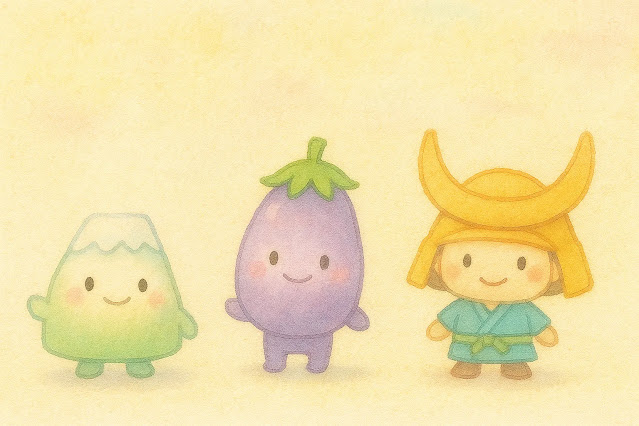 パステルカラーの水彩スタイルで描かれた3体のちびキャラ。左から、雪をかぶった山のキャラ、笑顔のなすキャラ、甲冑を着た戦士風キャラ。それぞれ異なる個性を持つご当地風のマスコットキャラたちが横並びに描かれている。