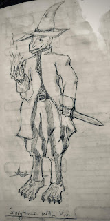 A lizard person in a robe and striped pants, wearing a pointy hat. They hold fire in their right hand and a dagger in their left.