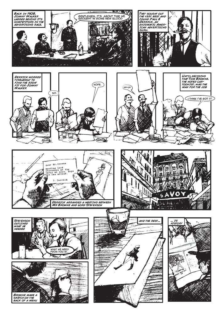 A one page graphic novel about the origins of the Johnny Walker'striding 