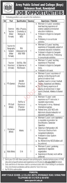 Job Opportunities at Army Public School and College APS 2023