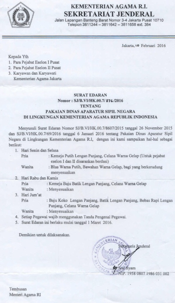 Surat Edaran Sekretaris Jenderal tentang Pakaian Dinas Aparatur Sipil Negara di lingkungan Kementerian Agama RI