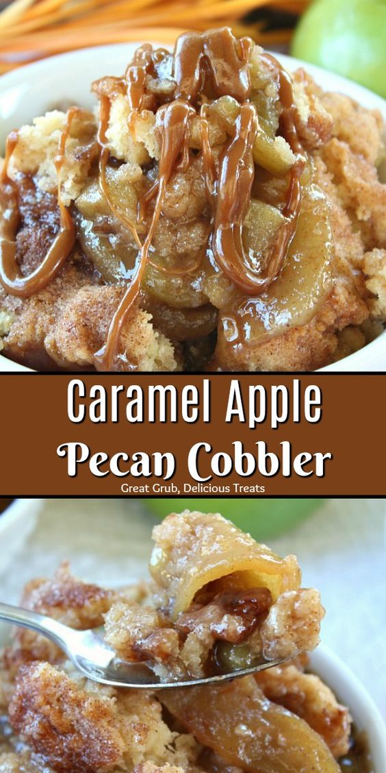 Caramel Apple Pecan Cobbler is a juicy cobbler loaded with tender, tart apples, pecans then drizzled with caramel. #apple #caramel #dessertfoodrecipes #appledesserts #desserts #greatgrubdelicioustreats