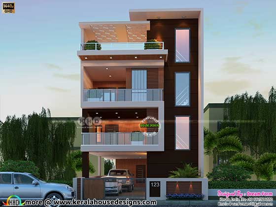 Contemporary Triplex House Exterior with Glass Balconies and Spacious Terrace Garden