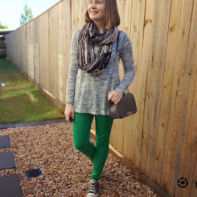 awayfromtheblue Instagram | mum style green skinny jeans grey marle knit paisley print snood playdate outfit winter