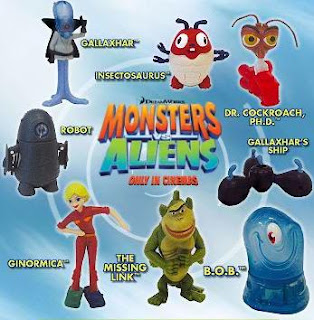 McDonalds Monsters vs Aliens Happy Meal Toys 2009 - Set of 8 Toys includes Ginormica, Robot, Gallaxhar's Ship, Insectosaurus, Dr Cockroach Ph.D, B.O.B., The Missing Link and Gallaxhar