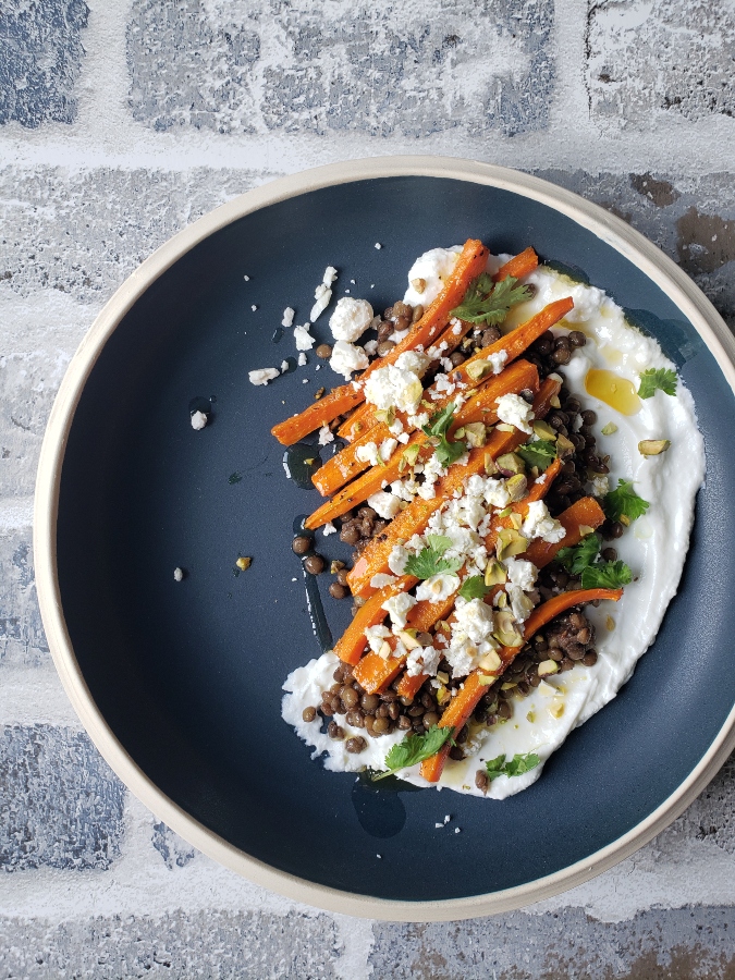 Roasted Carrots & Lentil Bowl With Feta, Pistachios & Cilantro