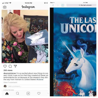 A copy of The Last Unicorn movie and an LLR print with a very similar looking white unicorn with blue hair and heavy lidded eyes.