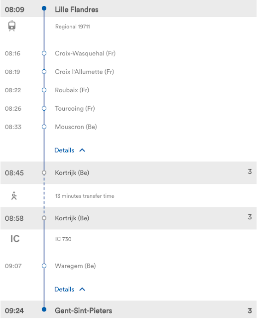 里爾 - 根特坐地區火車 + IC 的結果