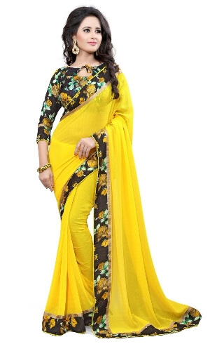 Lemon Yellow Colored Georgette Saree With Laced Border