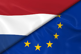 Pic of Netherlands' flag in top diagonal and EU in bottom diagonal split of oblong