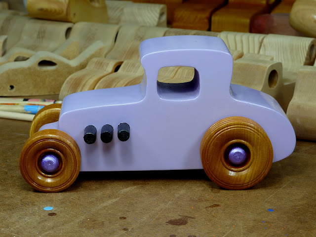 Wood Toy Car, Hot Rod '27 T-Coupe, Handmade and Finished with Lavender, Metalic Purple, Black Acrylic Paint, and Amber Shellac