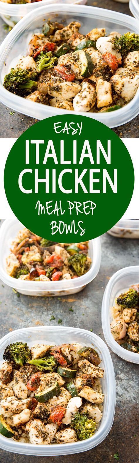 Easy Italian Chicken Meal Prep Bowls: Seasoned chicken, zucchini, broccoli, onions, and grape tomatoes all cooked on one pan, and served over brown rice. Makes 4 meal prep containers, good for 3-5 days.