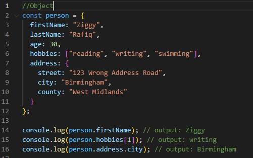 JavaScript Complex Data Types Code example by Ziggy Rafiq using Object