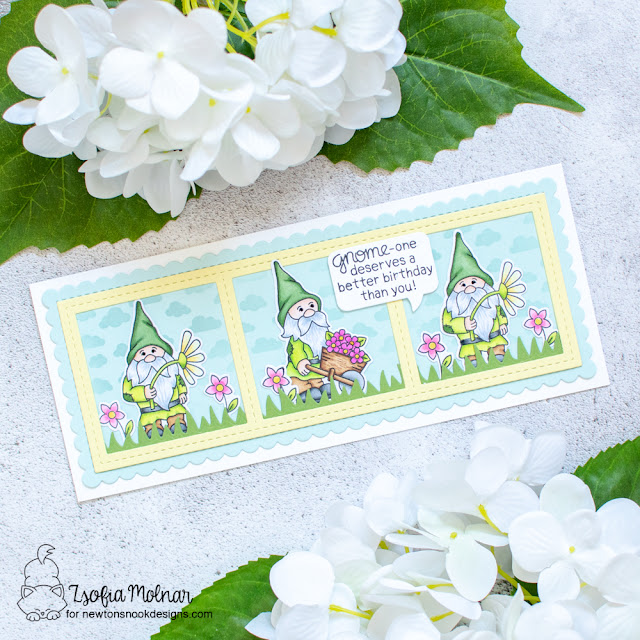 Slimline Gnome card by Zsofia Molnar | Gnome Garden Stamp Set, Petite Clouds Stencil, Land Borders Die Set and Slimline Die Sets by Newton's Nook Designs #newtonsnook