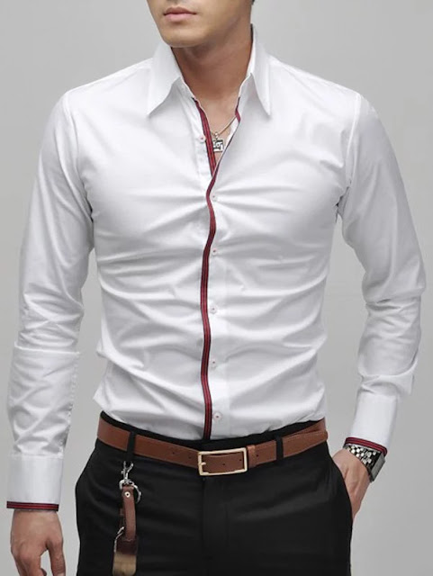 Slimming Lapel Striped Hem Long Sleeve Cotton Blend Casual Shirt For Men - White - M