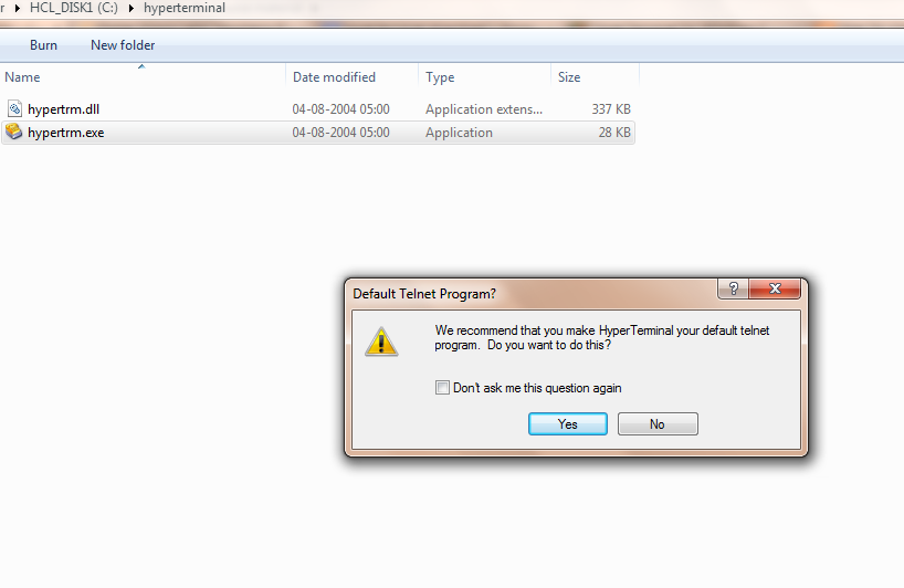 Hyperterminal Dialog Box asking the permission of making it as a default telnet program