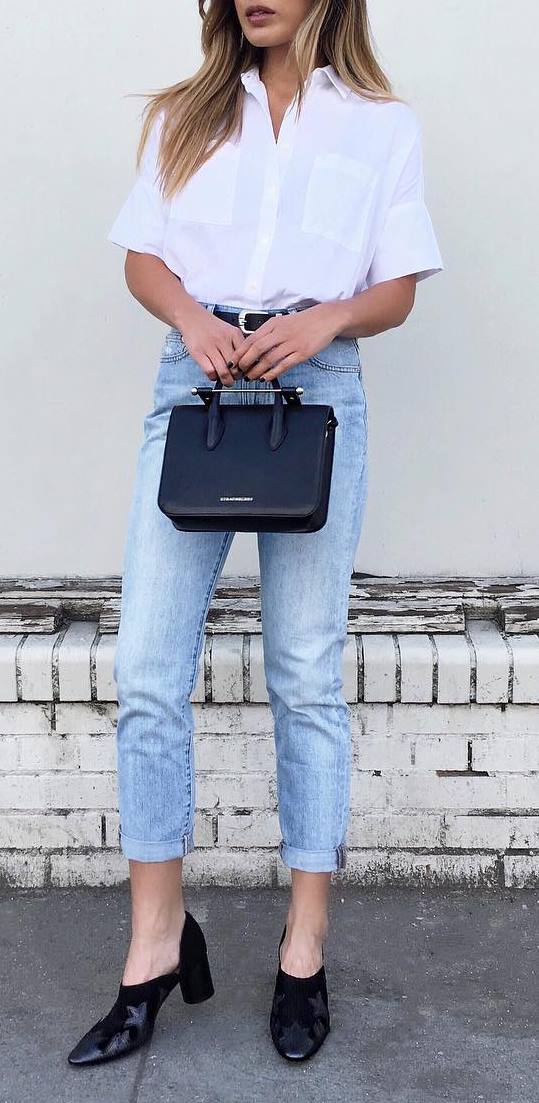 street style outfit idea: shirt + jeans + bag