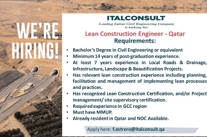 Lean Construction Engineer Job Vacancy in ITALCONSULT Qatar