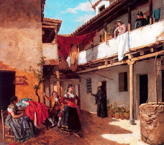 Recreación colorida deque parte del patio con su balconada, mujeres hablando vestidas al estilo goyesco y ropa tendida.