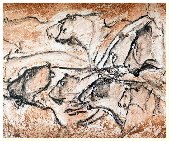 I grandi felini di Chauvet tratto da un pannello espicativo del parco "Caverne du Pont d'Arc - Foto Nando Musmarra storia dell'arte rupestre preistoria paleolitico