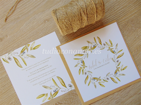 Invitaciones pintadas en acuarela con corona de ramas de olivo, perfectas para una boda de estilo rústico