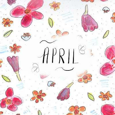 Square illustration showing April in hand lettering against a background of watercolour/watercolor patterned flowers.