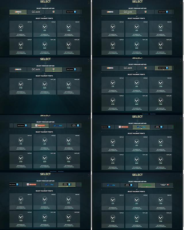 Valorant Points payment methods in the Philippines: Debit/Credit Cards, GCash, 7-Eleven, Bank Transfer, Robinsons Malls via Bayad Center, GrabPay, PayPal, and Mobile Payment (Prepaid Load).