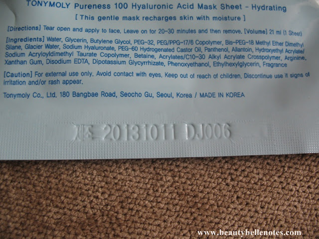 Ingredients: Tony Moly Pureness 100 Hyaluronic Acid Mask Sheet