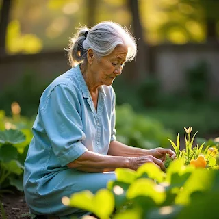 A serene elderly Asian woman with silver hair, wearing a light blue linen dress, tending a small vegetable garden in her backyard on a sunny spring morning.