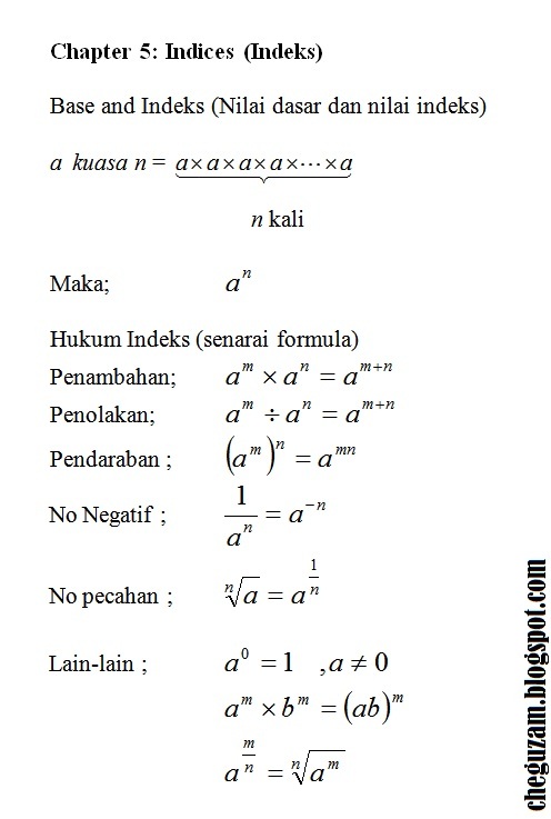 Nota Matematik Tingkatan 3 Bab 5 Indices Indeks Chegu Zam