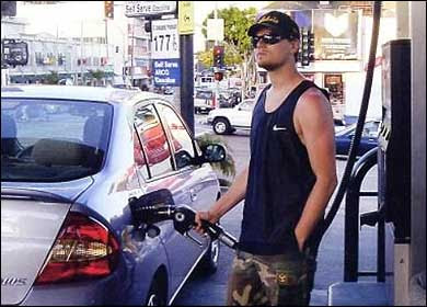 Leonardo DiCaprio tanking his Toyota Prius car