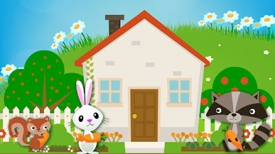 заяц и его друзья белка и енот собирают морковку на грядке возле домика