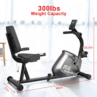 Snode R16 Recumbent Exercise Bike's dimensions measure approx.: 46" long x 22" wide x 36.6" high, supports up to 300 lbs user weight capacity, image
