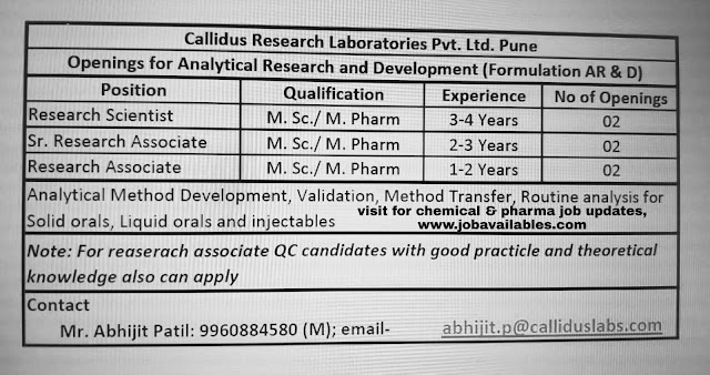 Job Availables, Callidus Research Laboratories Pvt. Ltd Pune Job Opening for MSc/ M.Pharm - Formulation AR&D