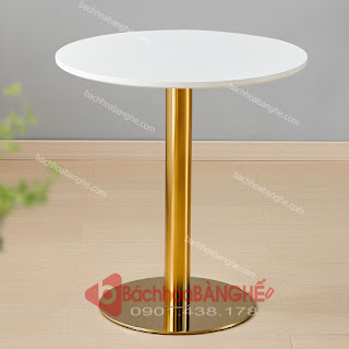 Mẫu bàn tròn cafe decor chân inox mạ vàng mặt gỗ mdf màu trắng tại HCM