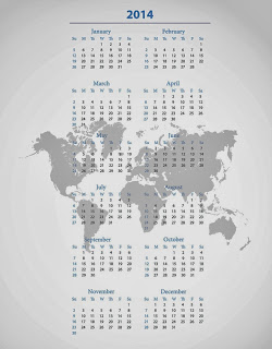 Simple printable calendar 2014 with world map grey background