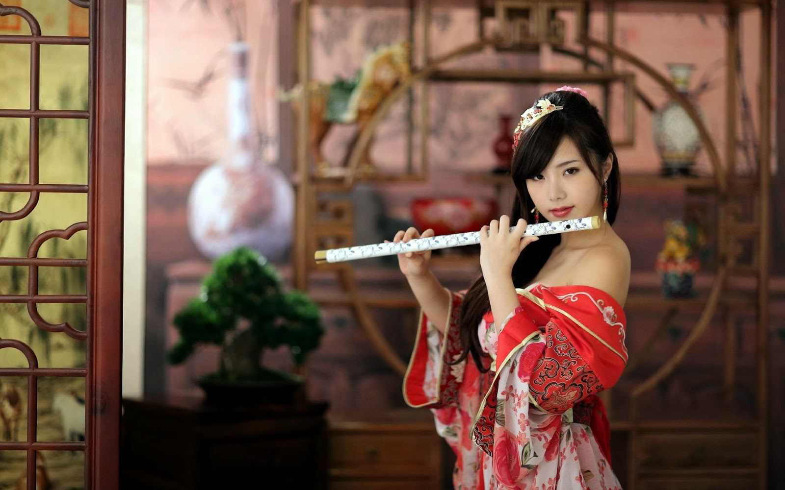 Download Girl beauty flute HD Wallpapers