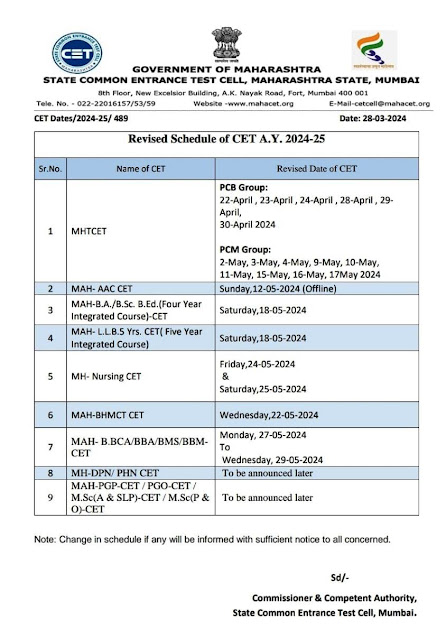 MHT CET Exam Time Table