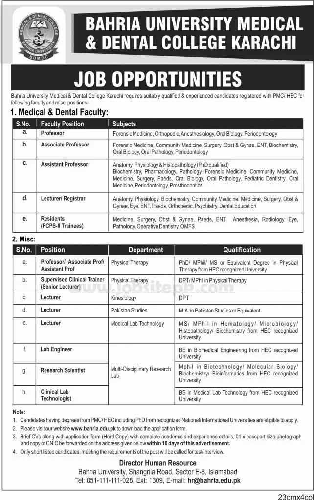 Bahia University Medical  & Dental College Karachi Jobs 2020
