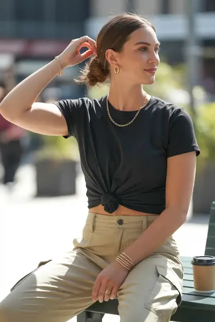Go Minimal with a Black Tee + Gold Accessories