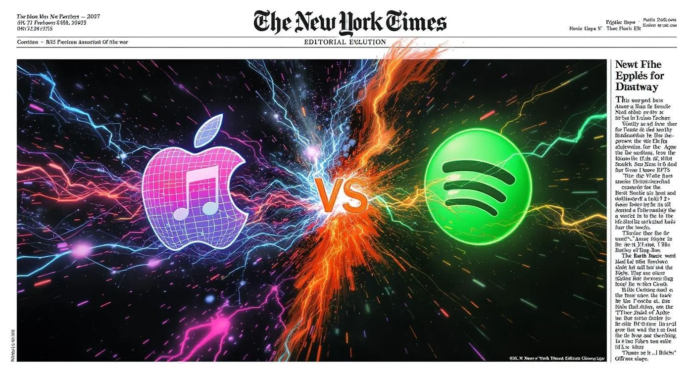 Visualizzazione epica della battaglia tra Apple Music e Spotify nel mercato streaming