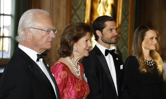 Princess Sofia wore a new embellished neckline black gown by Pia Tjelta. King Carl Gustaf and Queen Silvia hosted the Sverigemiddag