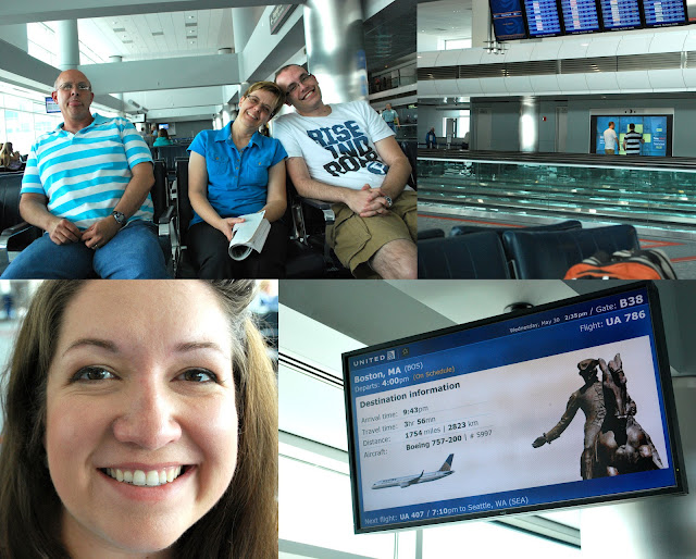 Four photos from the Denver Airport. Clockwise from the top left: Dad, Mom, and Shane sitting together--Mom and Shane smiling and Dad sticking his tongue out; Shane and B playing a matching game on a video board in the terminal; a video screen with information about our flight to Boston; and Megan's beautiful, smiling face.