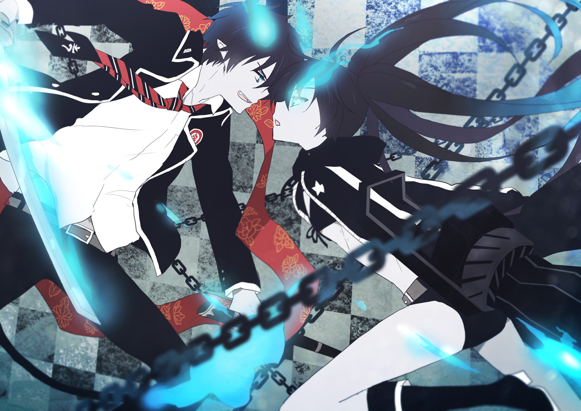 ... exorcist+black_hair+black_rock_shooter+blue_eyes+chain+crossover+kuroi