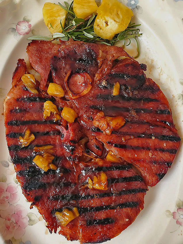 Asian style grilled ham steak with pineapple teriyaki