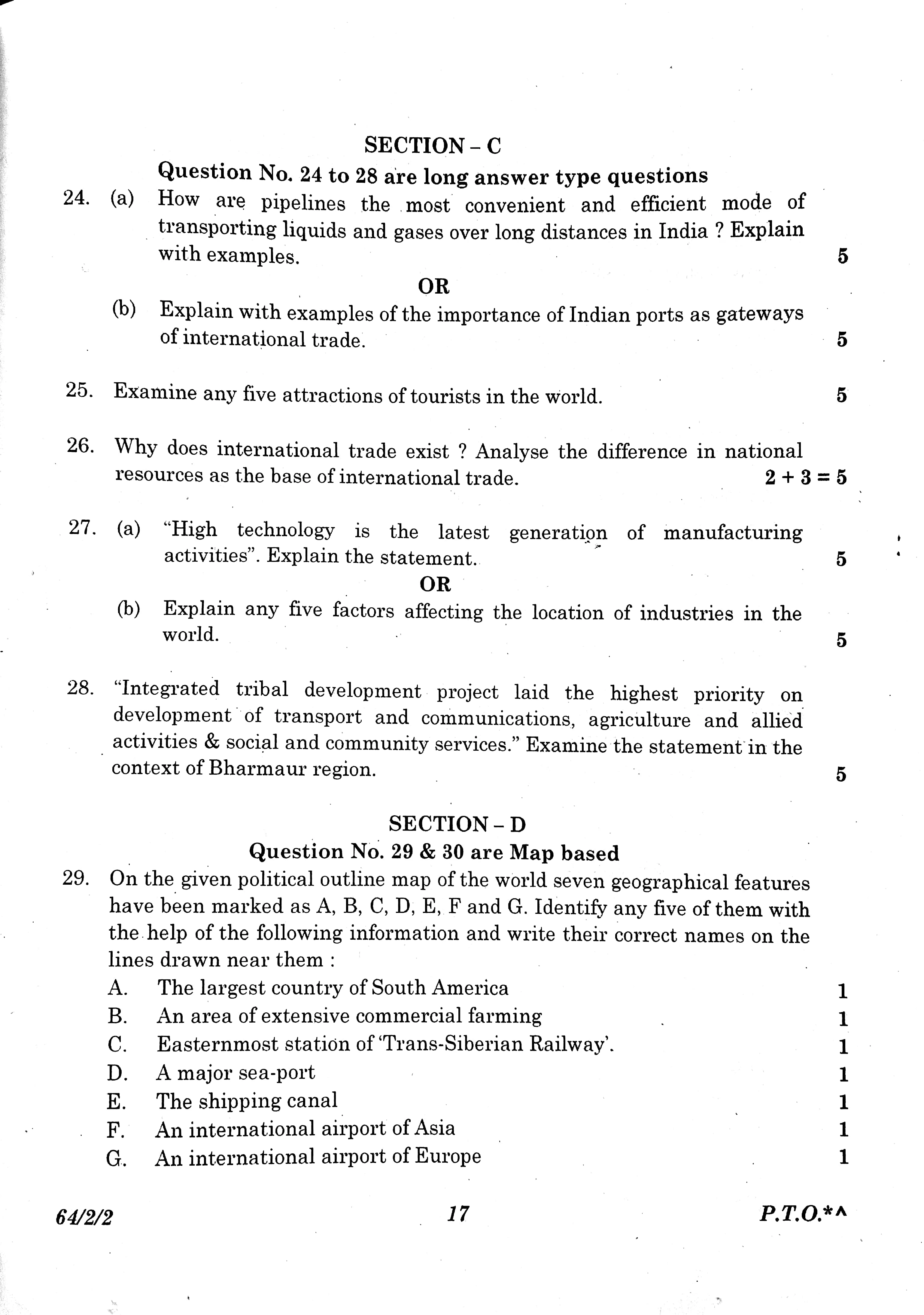 Class 12 Geography Board Exam question paper 2023 set no. 2